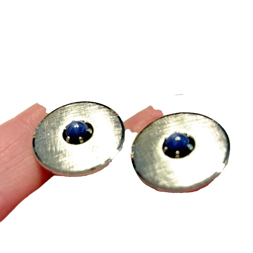 Vintage Anson Sterling Silver Cufflinks Brushed Discs with Blue Center Stones